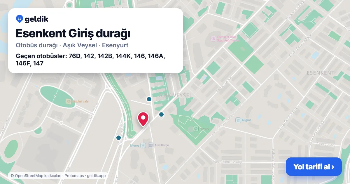 Esenkent Giriş otobüs durağı haritada: konumu ve yakındaki duraklar