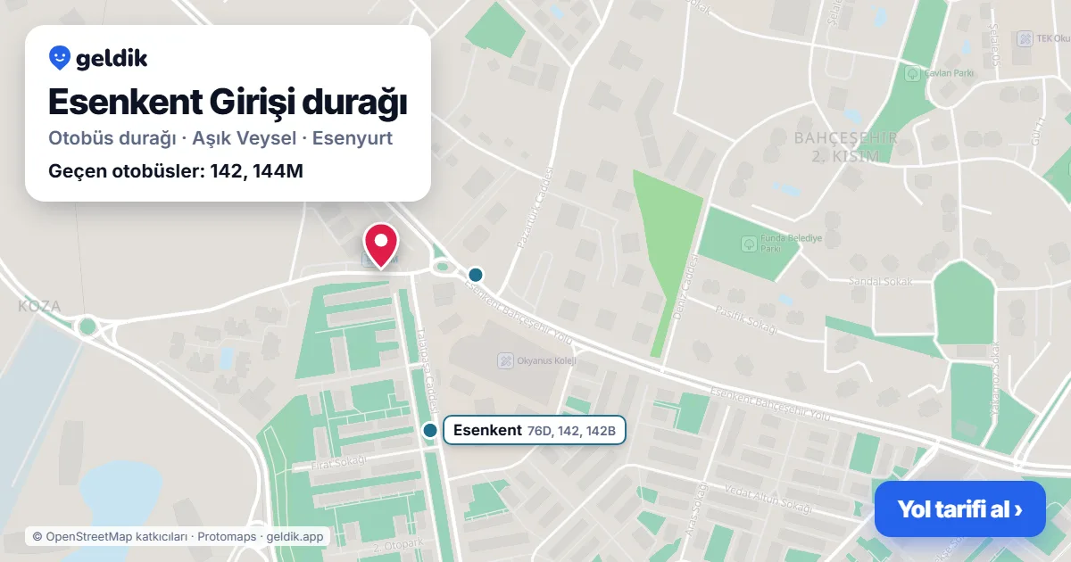 Esenkent Girişi otobüs durağı haritada: konumu ve yakındaki duraklar