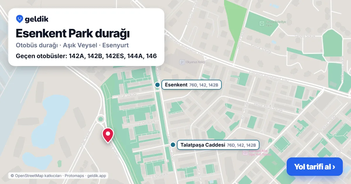 Esenkent Park otobüs durağı haritada: konumu ve yakındaki duraklar