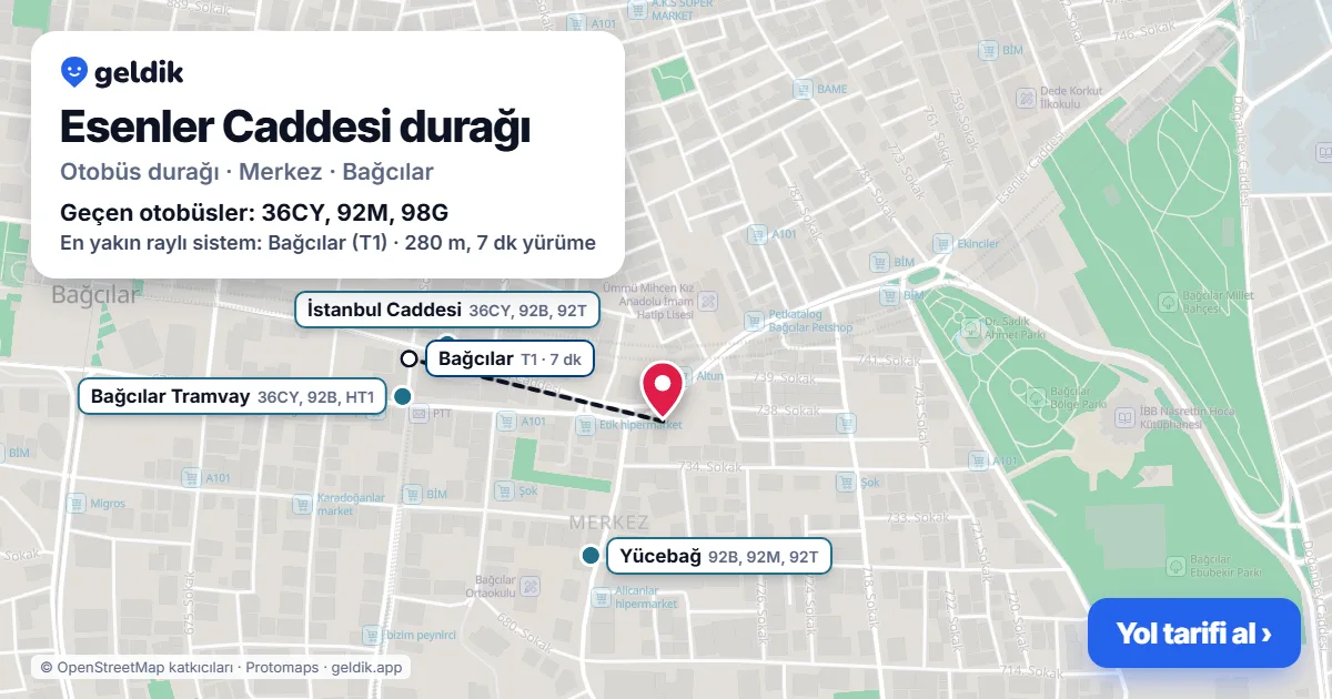 Esenler Caddesi otobüs durağı haritada: konumu ve yakındaki duraklar
