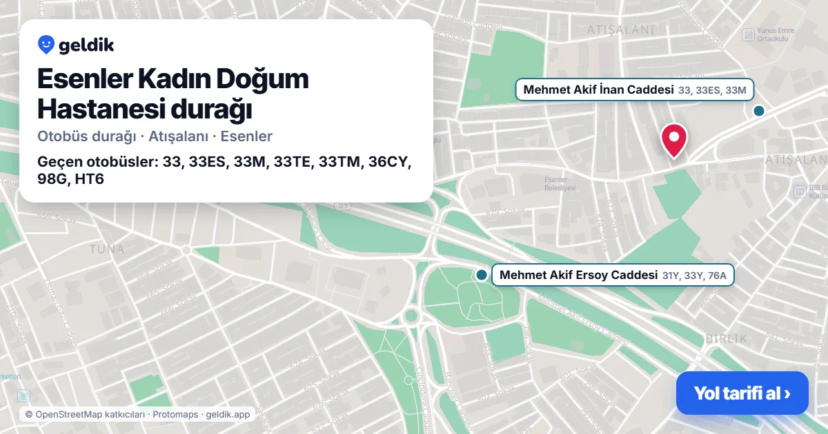 Esenler Kadın Doğum Hastanesi otobüs durağı haritada: konumu ve yakındaki duraklar