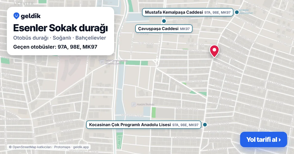 Esenler Sokak otobüs durağı haritada: konumu ve yakındaki duraklar