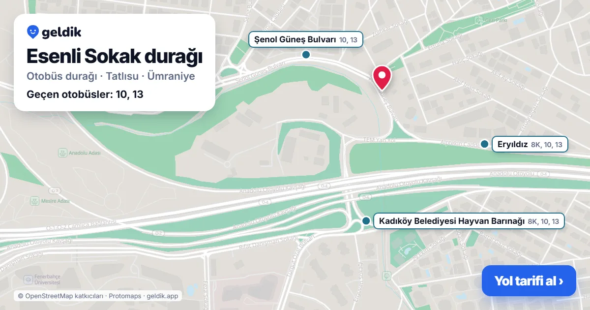 Esenli Sokak otobüs durağı haritada: konumu ve yakındaki duraklar