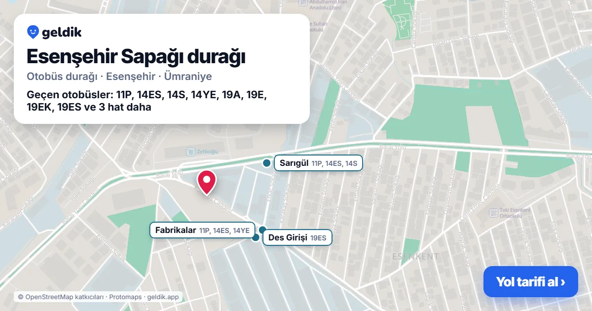 Esenşehir Sapağı otobüs durağı haritada: konumu ve yakındaki duraklar
