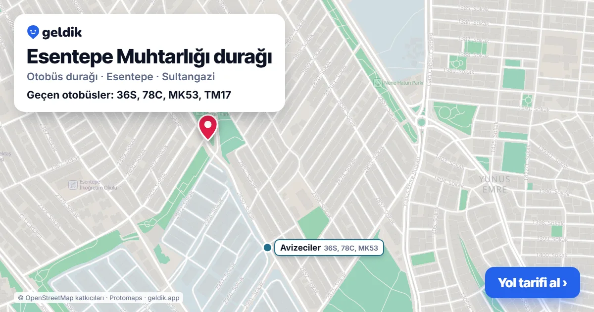Esentepe Muhtarlığı otobüs durağı haritada: konumu ve yakındaki duraklar