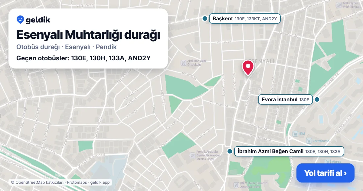 Esenyalı Muhtarlığı otobüs durağı haritada: konumu ve yakındaki duraklar