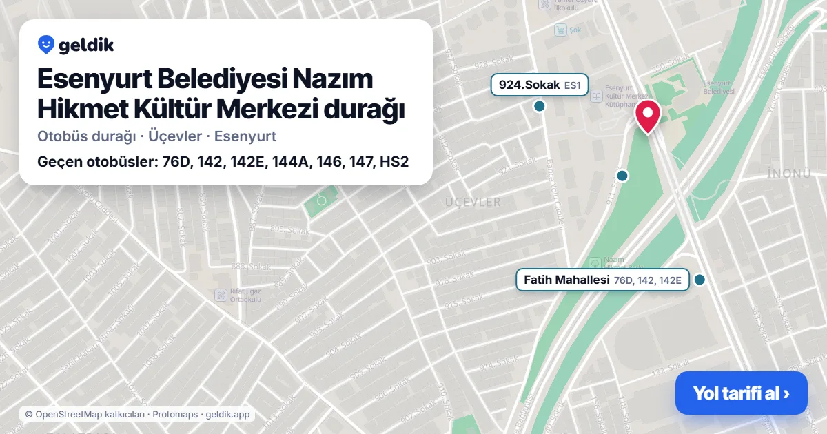 Esenyurt Belediyesi Nazım Hikmet Kültür Merkezi otobüs durağı haritada: konumu ve yakındaki duraklar