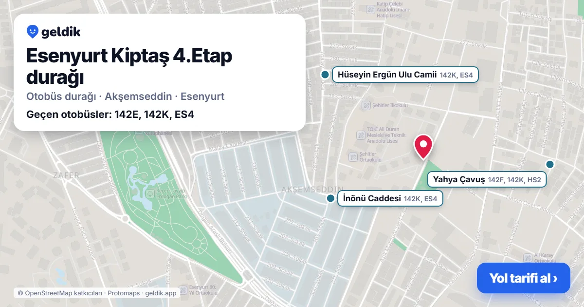 Esenyurt Kiptaş 4.Etap otobüs durağı haritada: konumu ve yakındaki duraklar