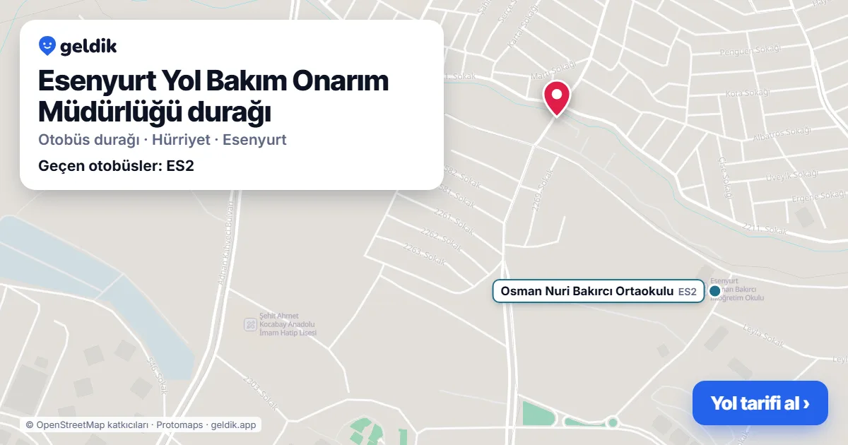 Esenyurt Yol Bakım Onarım Müdürlüğü otobüs durağı haritada: konumu ve yakındaki duraklar