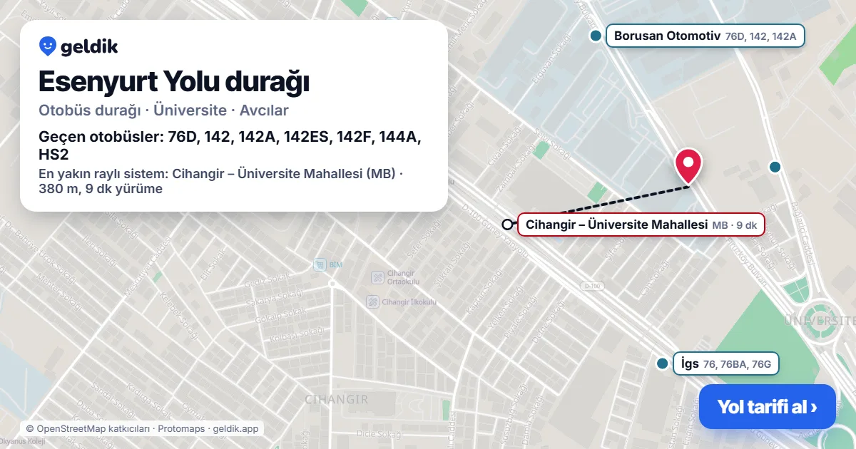 Esenyurt Yolu otobüs durağı haritada: konumu ve yakındaki duraklar