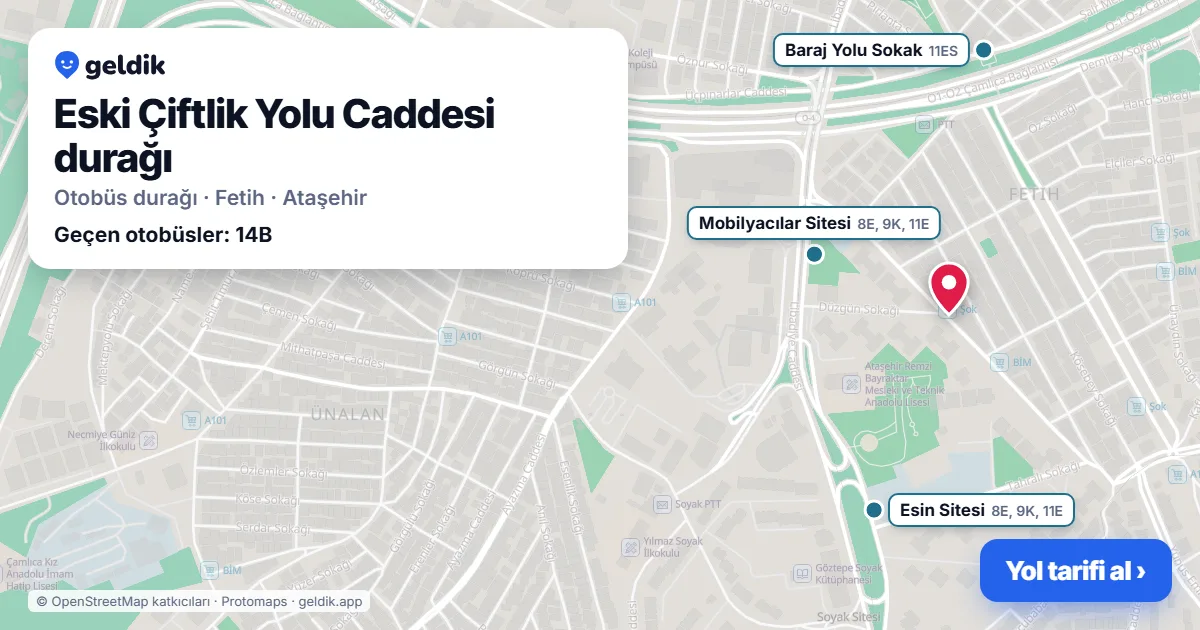 Eski Çiftlik Yolu Caddesi otobüs durağı haritada: konumu ve yakındaki duraklar