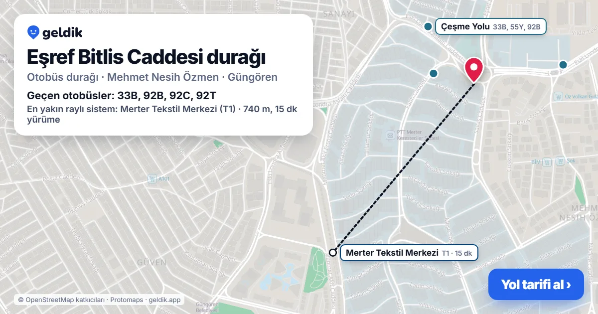 Eşref Bitlis Caddesi otobüs durağı haritada: konumu ve yakındaki duraklar
