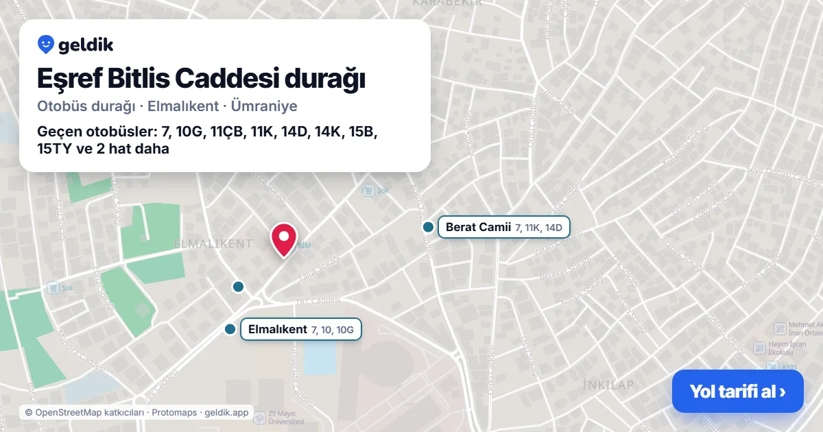 Eşref Bitlis Caddesi otobüs durağı haritada: konumu ve yakındaki duraklar