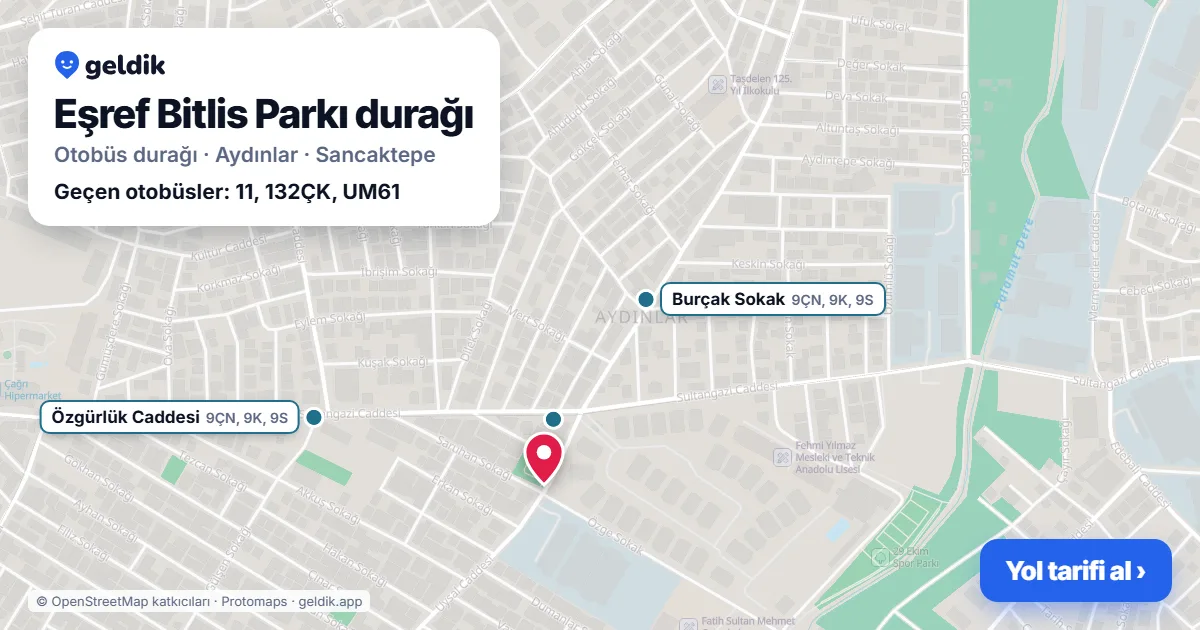 Eşref Bitlis Parkı otobüs durağı haritada: konumu ve yakındaki duraklar