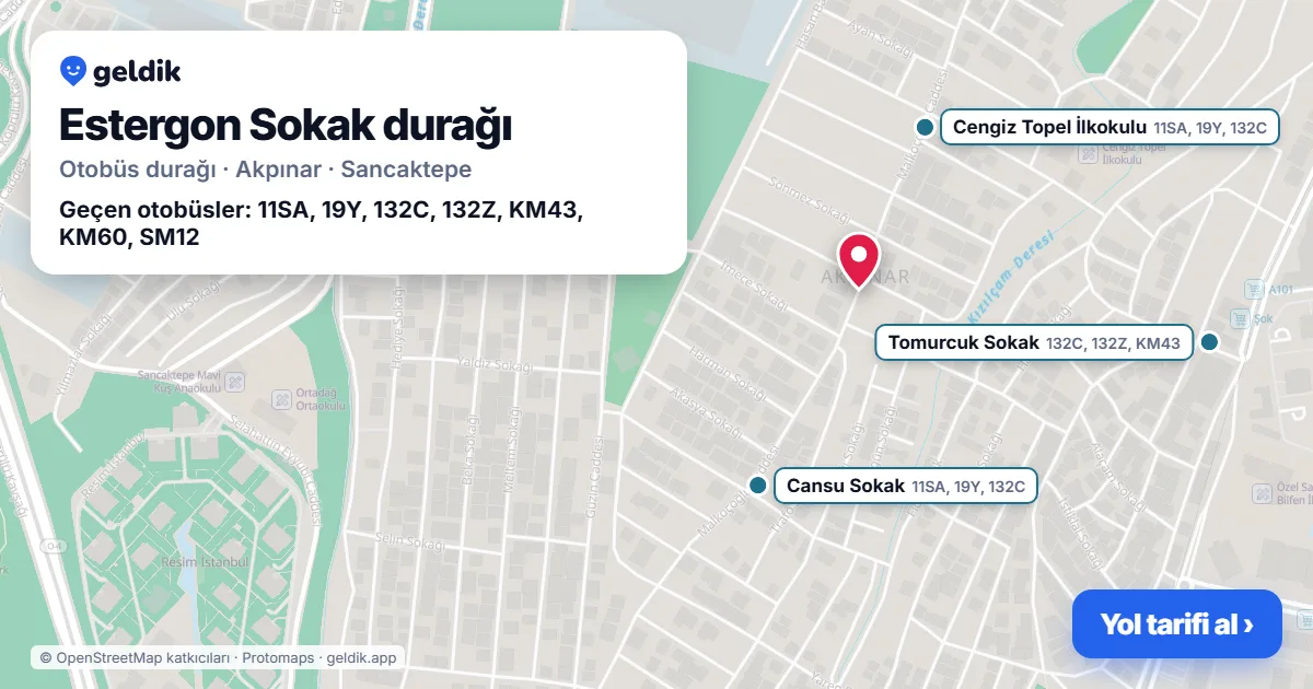 Estergon Sokak otobüs durağı haritada: konumu ve yakındaki duraklar