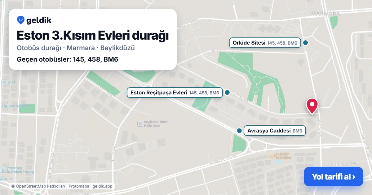Eston 3.Kısım Evleri otobüs durağı haritada: konumu ve yakındaki duraklar