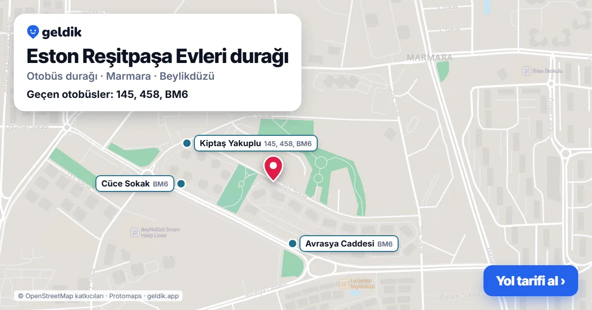 Eston Reşitpaşa Evleri otobüs durağı haritada: konumu ve yakındaki duraklar
