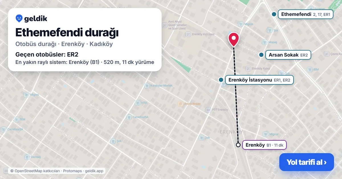 Ethemefendi otobüs durağı haritada: konumu ve yakındaki duraklar