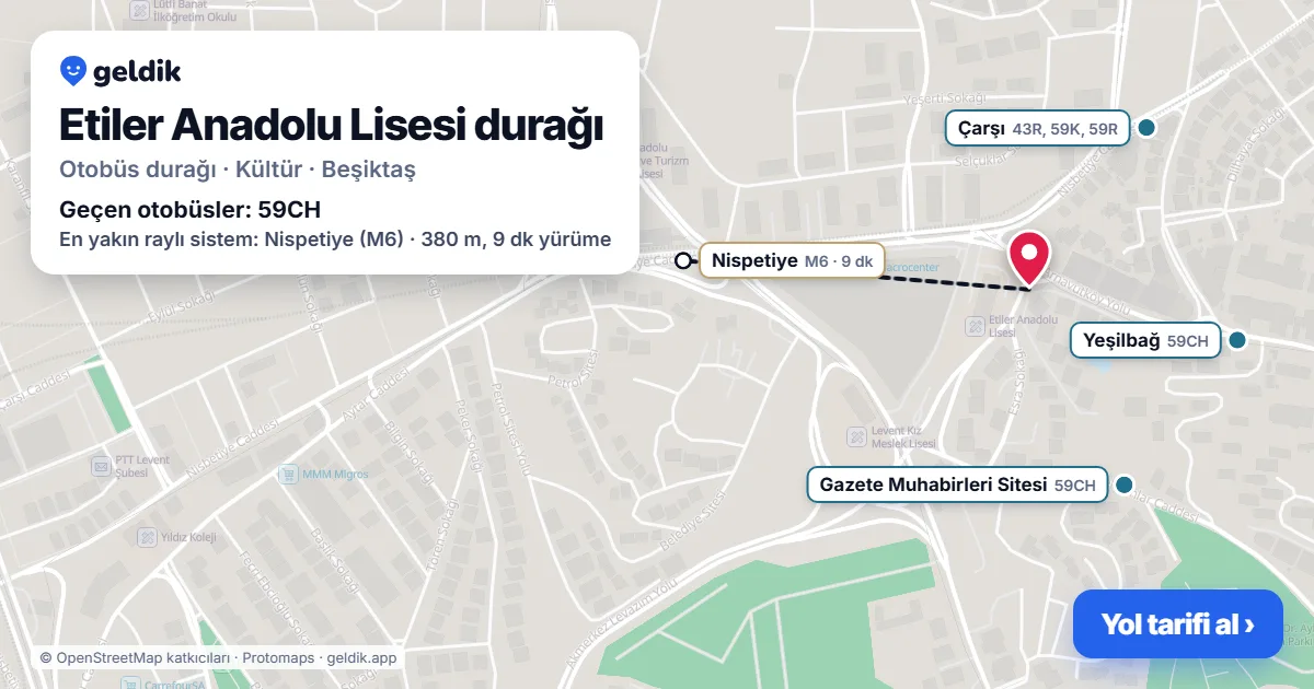 Etiler Anadolu Lisesi otobüs durağı haritada: konumu ve yakındaki duraklar