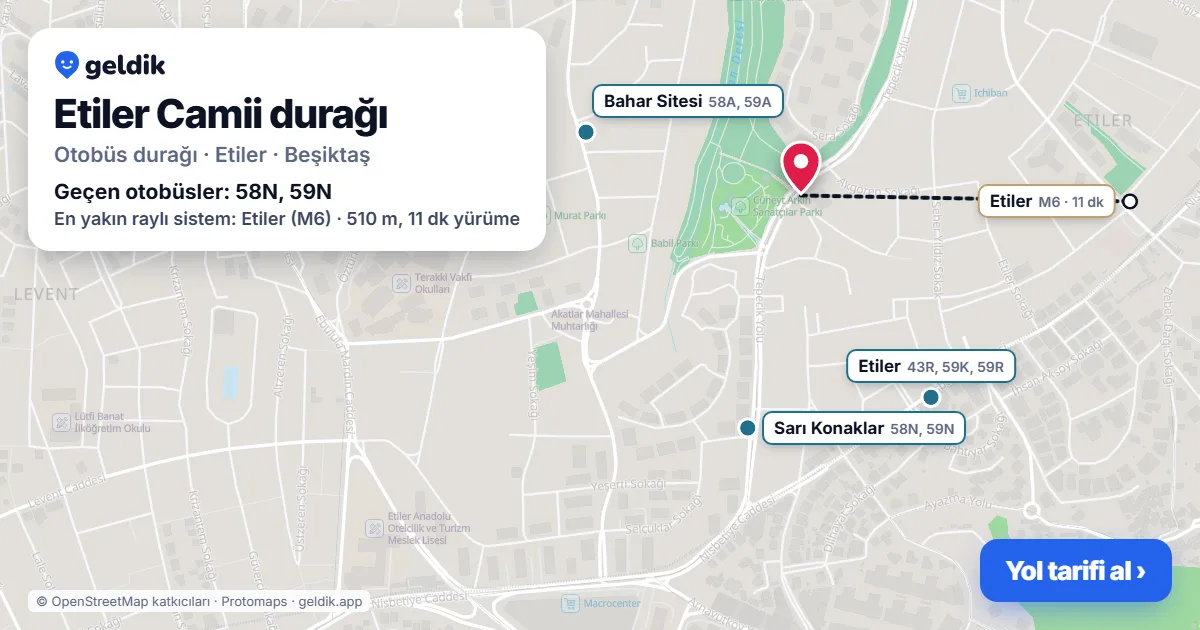 Etiler Camii otobüs durağı haritada: konumu ve yakındaki duraklar