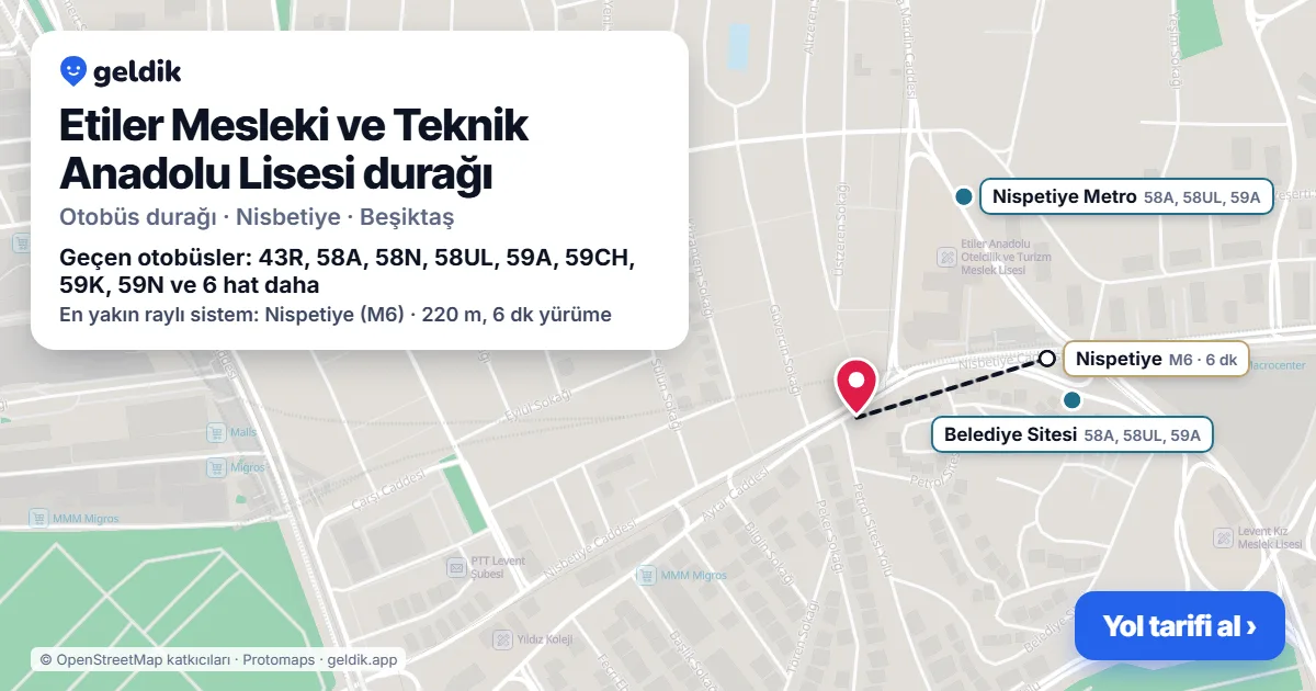 Etiler Mesleki ve Teknik Anadolu Lisesi otobüs durağı haritada: konumu ve yakındaki duraklar