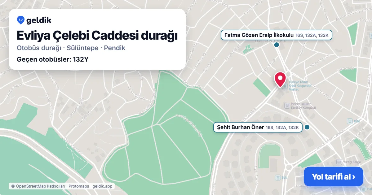 Evliya Çelebi Caddesi otobüs durağı haritada: konumu ve yakındaki duraklar