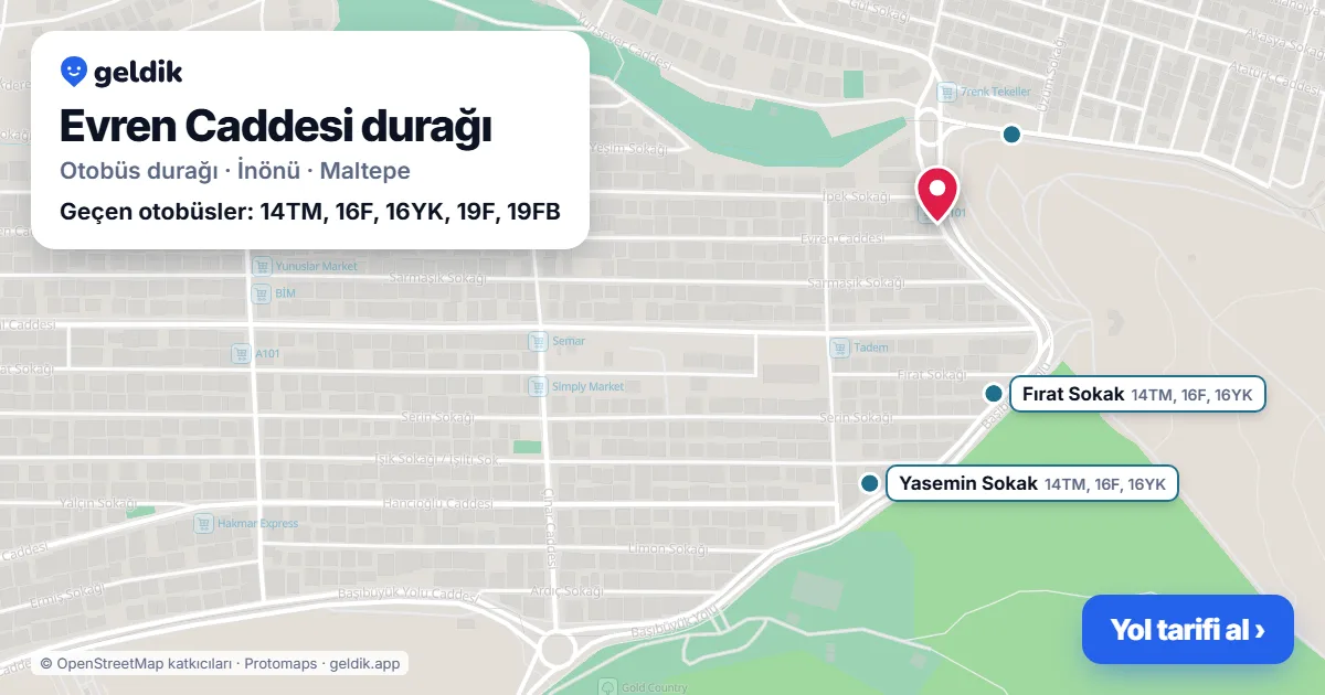 Evren Caddesi otobüs durağı haritada: konumu ve yakındaki duraklar