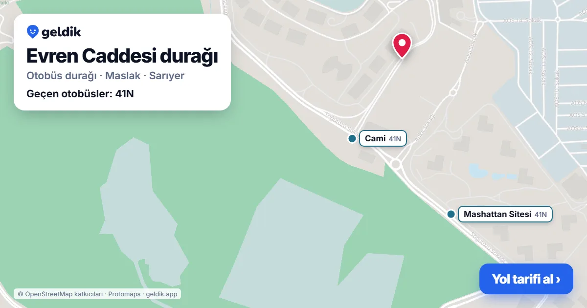 Evren Caddesi otobüs durağı haritada: konumu ve yakındaki duraklar