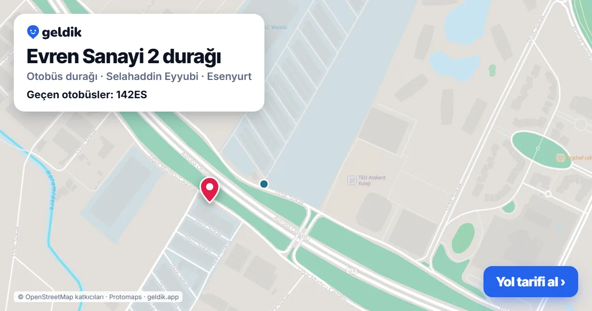 Evren Sanayi 2 otobüs durağı haritada: konumu ve yakındaki duraklar