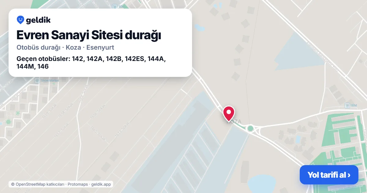 Evren Sanayi Sitesi otobüs durağı haritada: konumu ve yakındaki duraklar