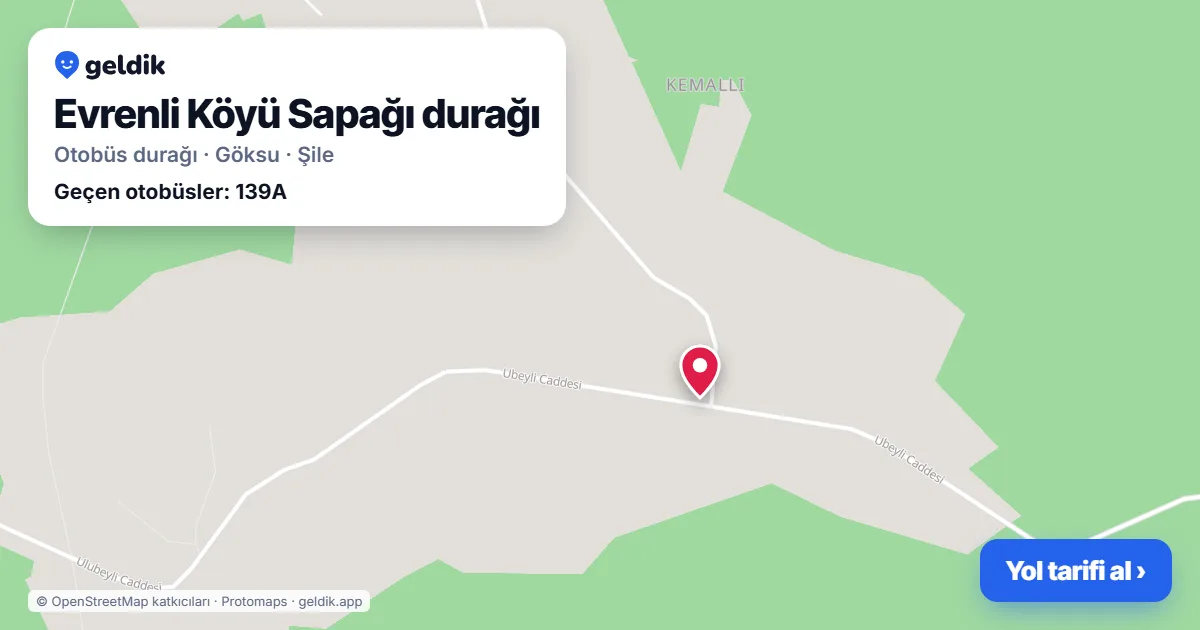 Evrenli Köyü Sapağı otobüs durağı haritada: konumu ve yakındaki duraklar