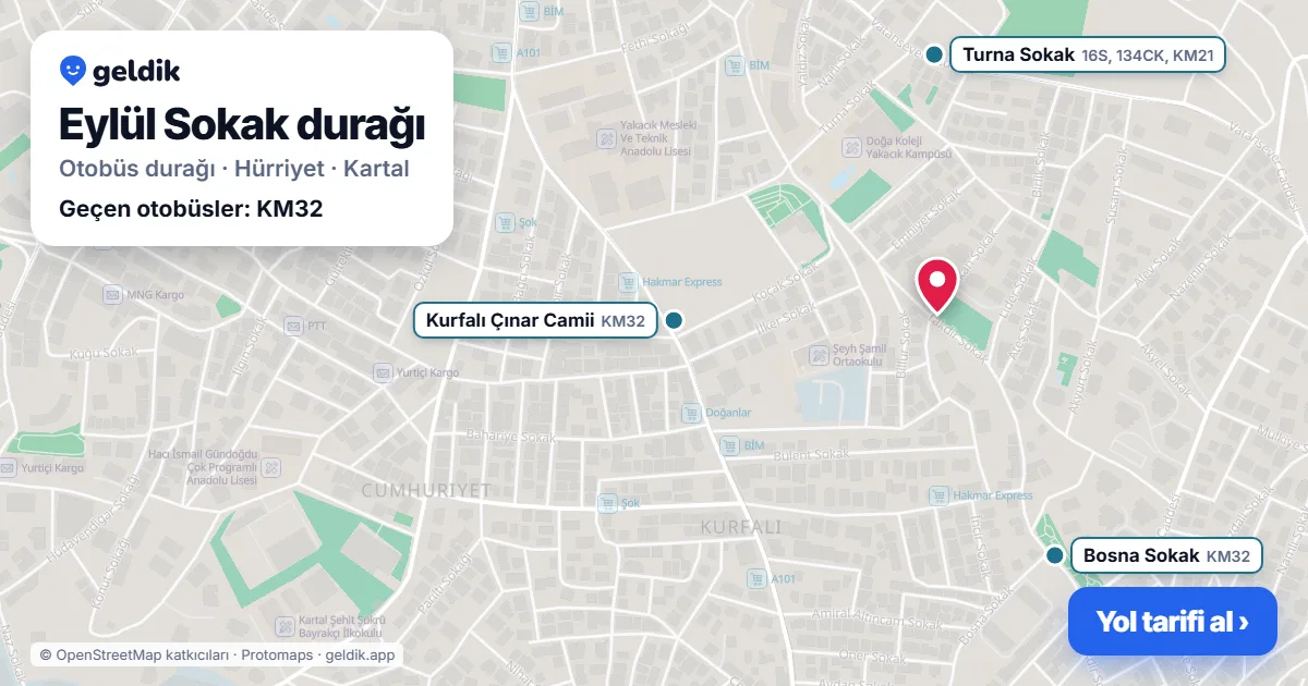 Eylül Sokak otobüs durağı haritada: konumu ve yakındaki duraklar