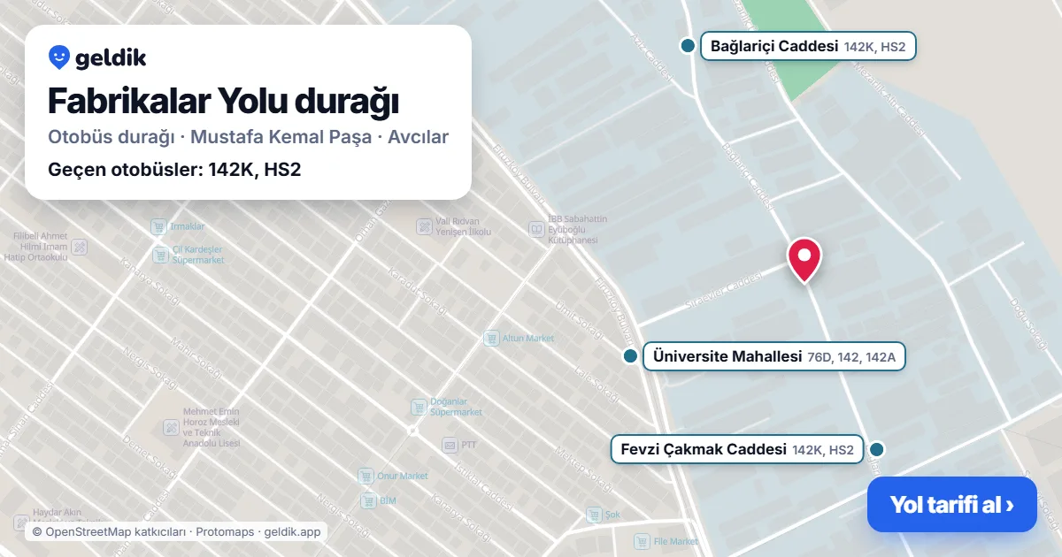Fabrikalar Yolu otobüs durağı haritada: konumu ve yakındaki duraklar