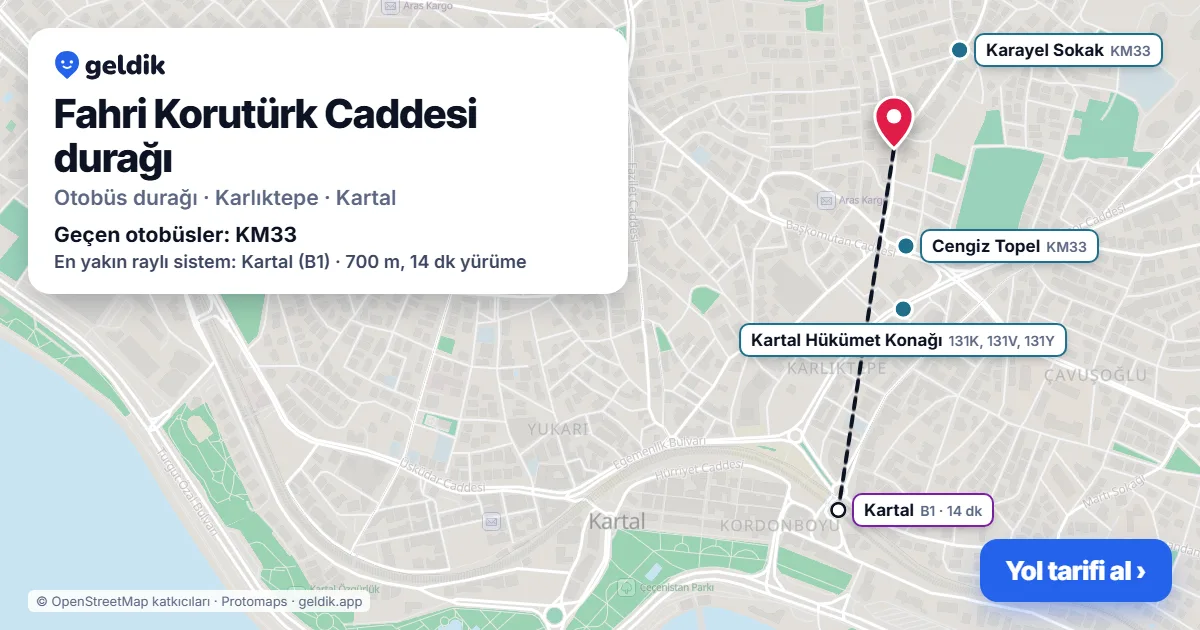 Fahri Korutürk Caddesi otobüs durağı haritada: konumu ve yakındaki duraklar