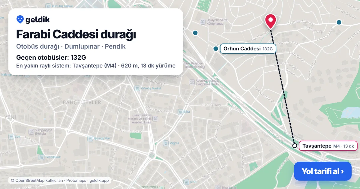 Farabi Caddesi otobüs durağı haritada: konumu ve yakındaki duraklar