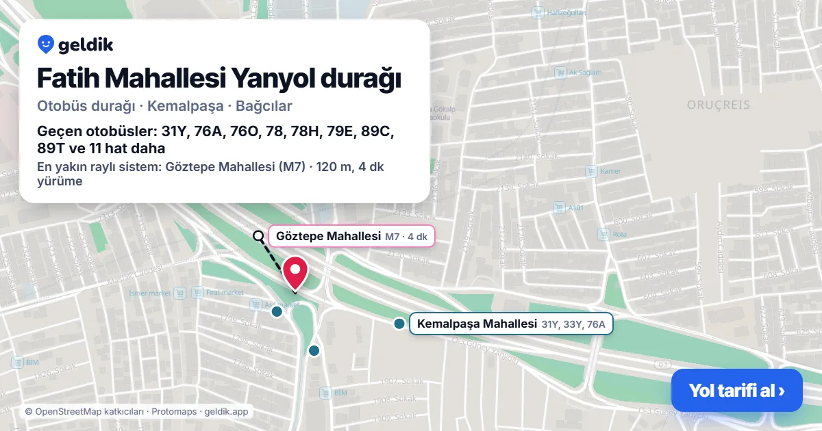Fatih Mahallesi Yanyol otobüs durağı haritada: konumu ve yakındaki duraklar