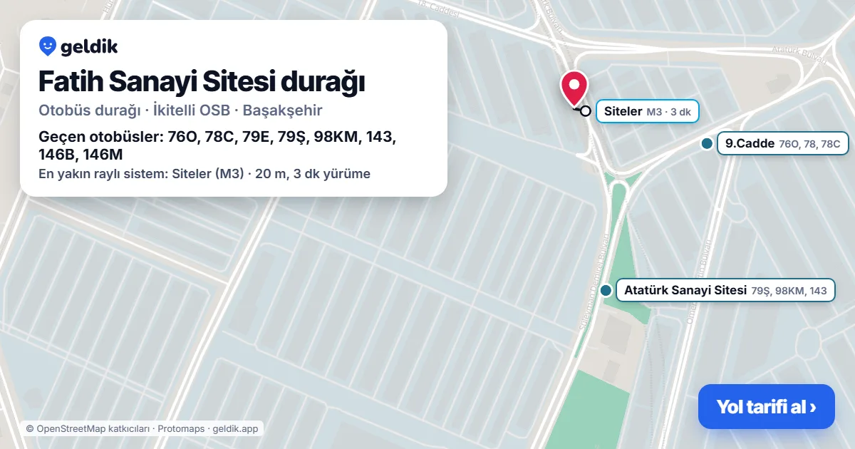 Fatih Sanayi Sitesi otobüs durağı haritada: konumu ve yakındaki duraklar