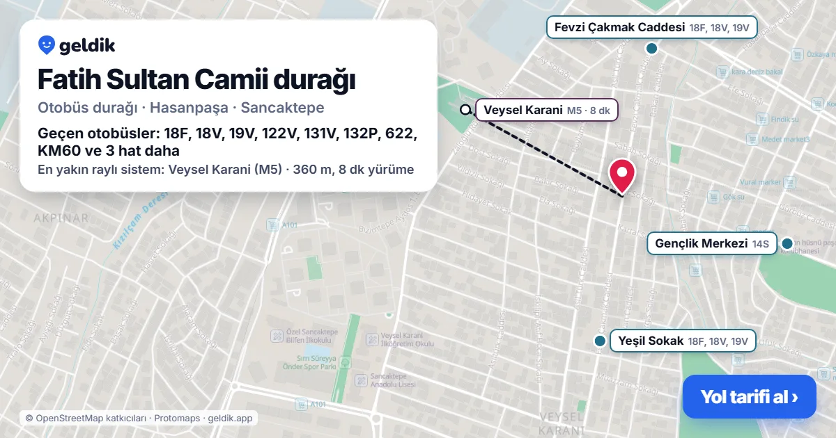 Fatih Sultan Camii otobüs durağı haritada: konumu ve yakındaki duraklar