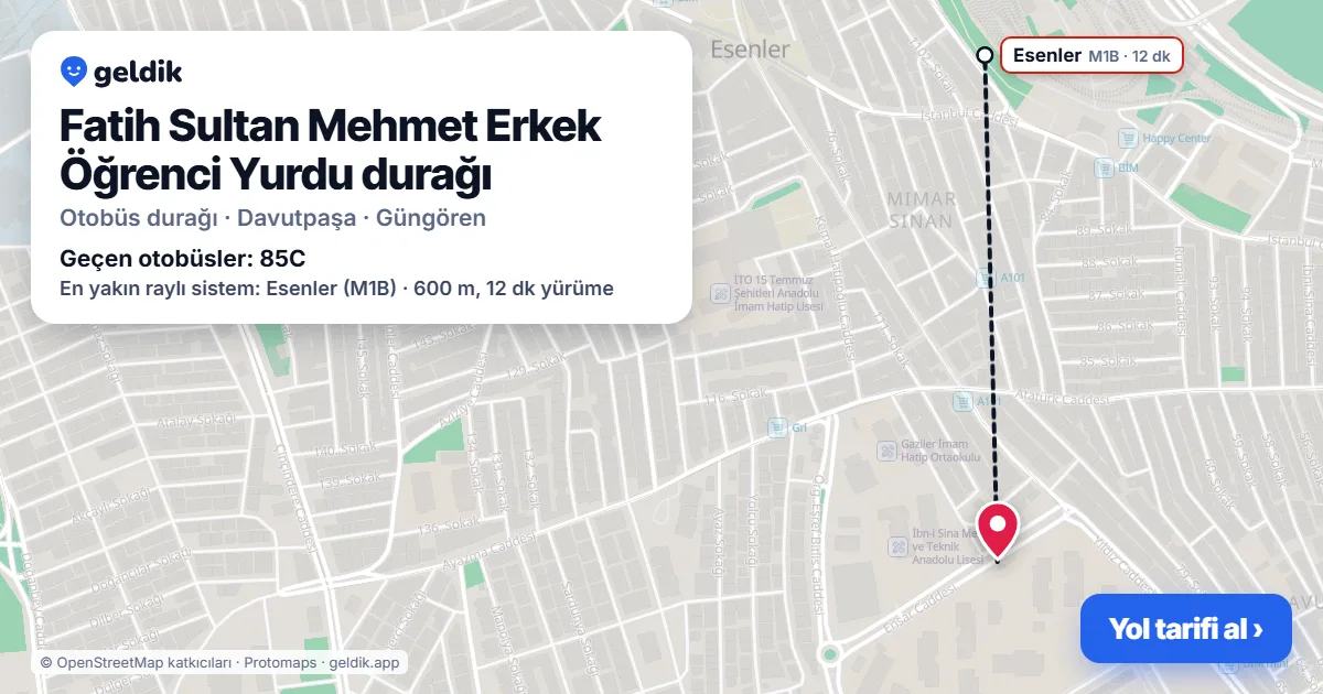 Fatih Sultan Mehmet Erkek Öğrenci Yurdu otobüs durağı haritada: konumu ve yakındaki duraklar