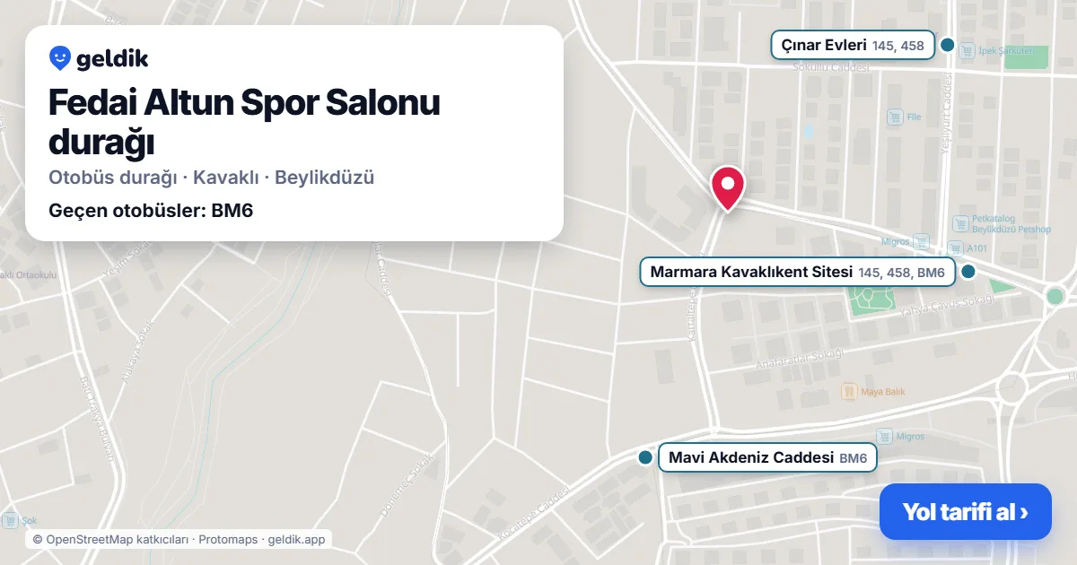 Fedai Altun Spor Salonu otobüs durağı haritada: konumu ve yakındaki duraklar