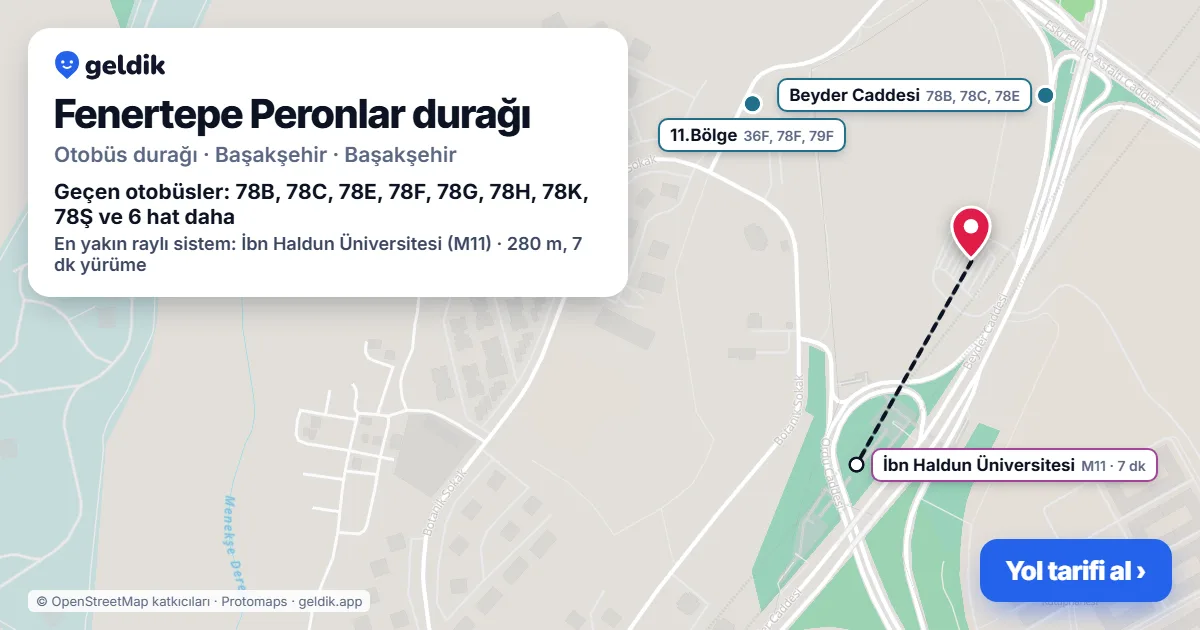 Fenertepe Peronlar otobüs durağı haritada: konumu ve yakındaki duraklar