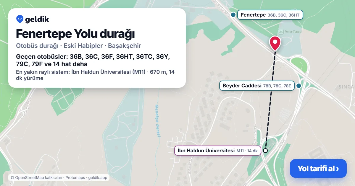Fenertepe Yolu otobüs durağı haritada: konumu ve yakındaki duraklar