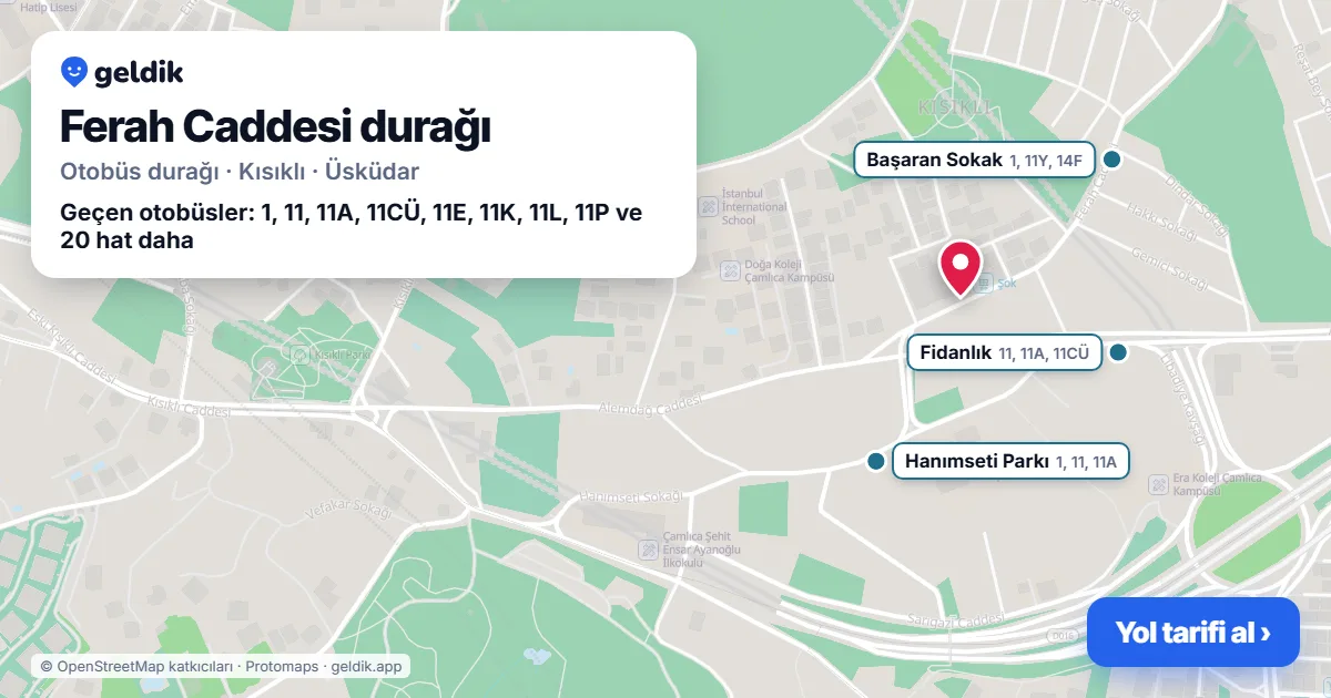 Ferah Caddesi otobüs durağı haritada: konumu ve yakındaki duraklar