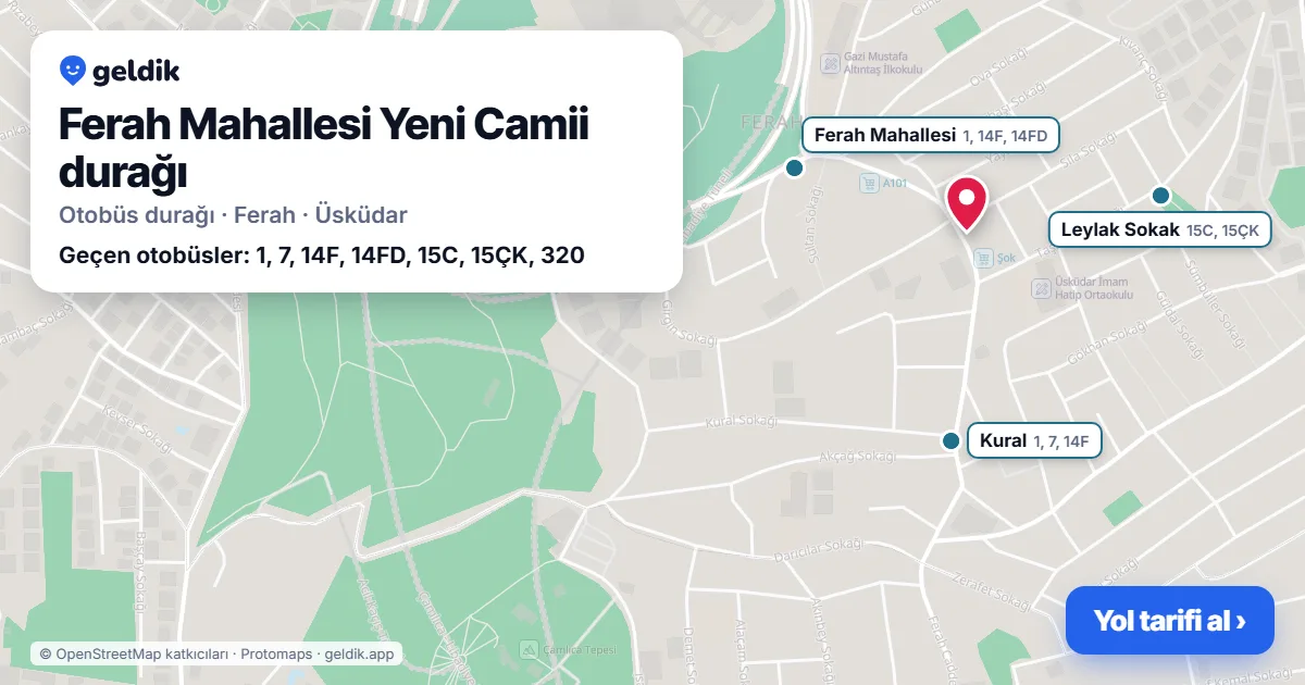 Ferah Mahallesi Yeni Camii otobüs durağı haritada: konumu ve yakındaki duraklar