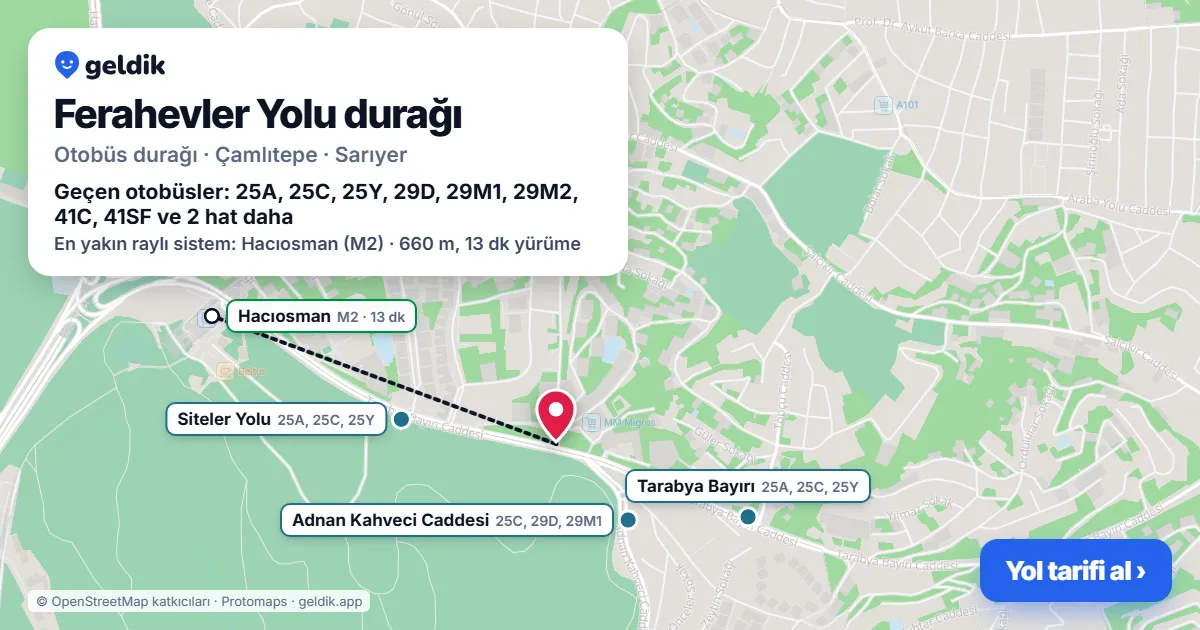 Ferahevler Yolu otobüs durağı haritada: konumu ve yakındaki duraklar
