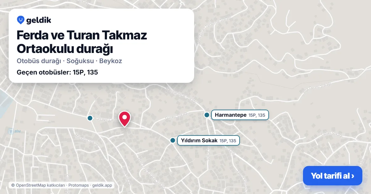 Ferda ve Turan Takmaz Ortaokulu otobüs durağı haritada: konumu ve yakındaki duraklar