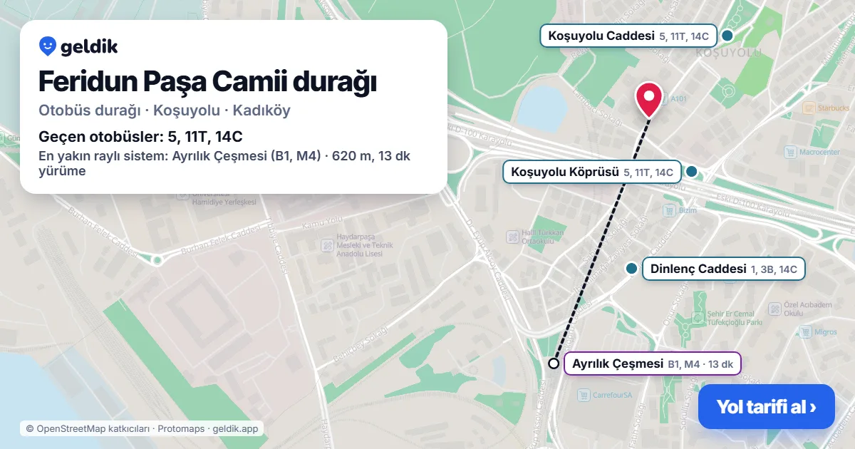 Feridun Paşa Camii otobüs durağı haritada: konumu ve yakındaki duraklar