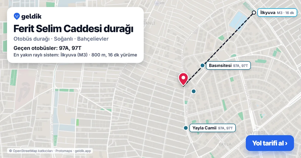 Ferit Selim Caddesi otobüs durağı haritada: konumu ve yakındaki duraklar