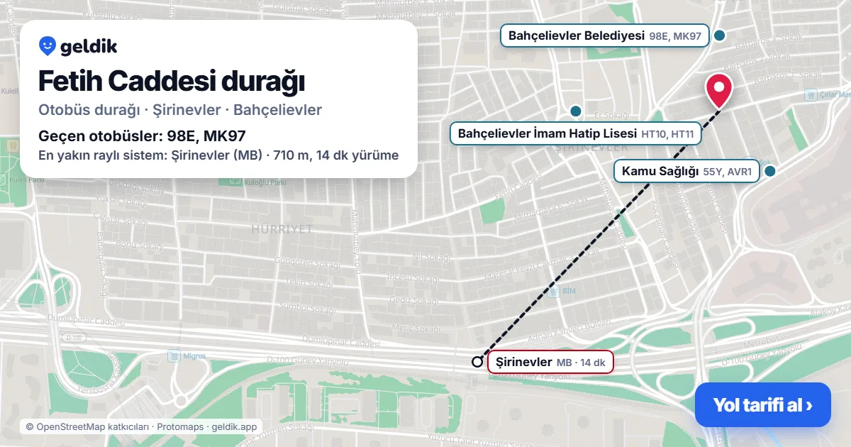 Fetih Caddesi otobüs durağı haritada: konumu ve yakındaki duraklar
