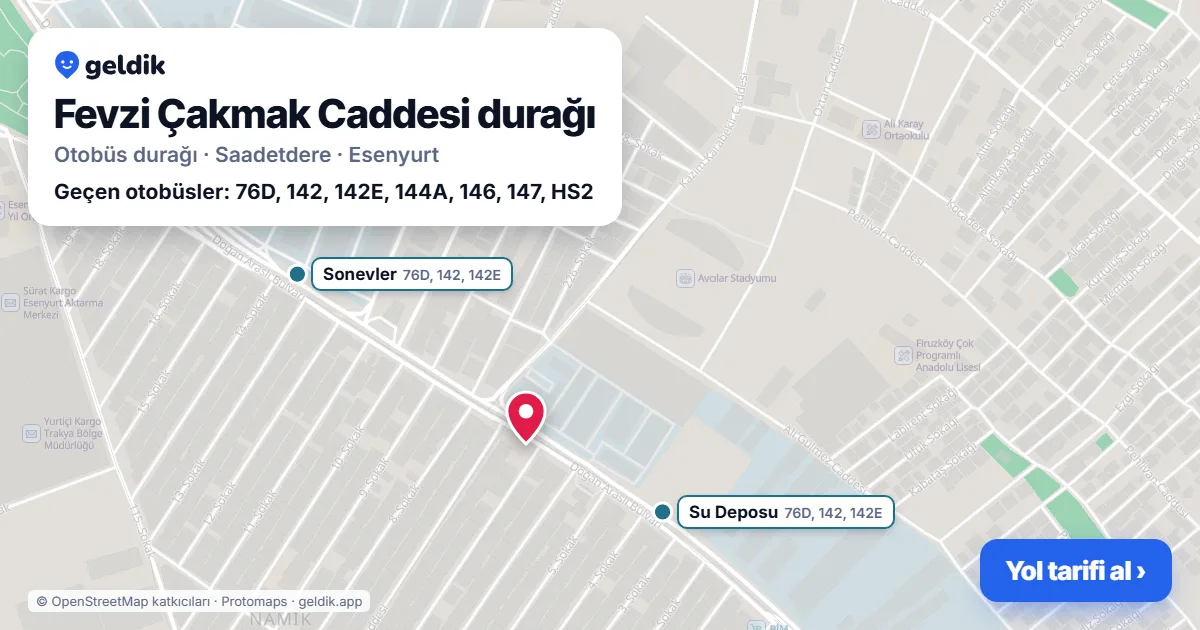 Fevzi Çakmak Caddesi otobüs durağı haritada: konumu ve yakındaki duraklar